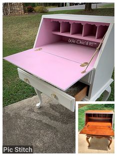 an old desk has been painted pink and white with some writing on the top shelf