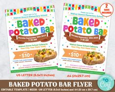 two baked potato flyer templates for kids to use on their school luncheons