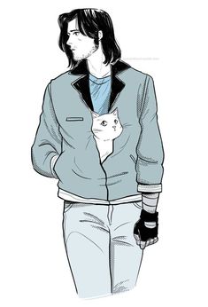 a drawing of a person with a cat on their chest and text that reads, what's the other drawing of bucky and alpine?