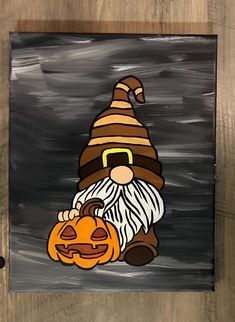 an acrylic painting of a gnome holding a jack - o - lantern