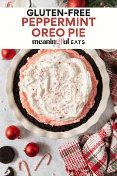 a pie with white frosting and peppermint on top, surrounded by candy canes