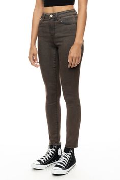 - Janis Fit - High Rise Slim Skinny- Slim and Fitted from waist to bottom- 68% Cotton, 27% Polyester, 3% Viscose, 2% Lycra- AZTEC BROWN- Model Height : 5’ 10” / Waist : 25” Denim Pants Fashion, Slim And Fit, Denim Branding, Jeans Color, Denim Pant, Model Height, Denim Fashion, Denim Pants, Black Jeans