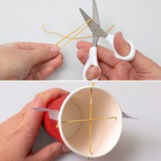 two pictures one showing scissors and the other shows yarn being used to make an origami cup