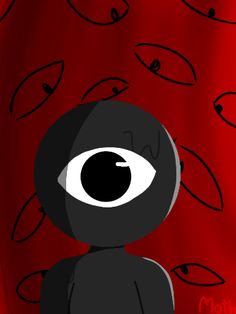 an evil looking cartoon character with big eyes on a red and black wallpaper background