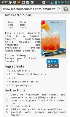 the recipe for amaretto sour is shown on an iphone screen, and it appears to be filled with orange juice