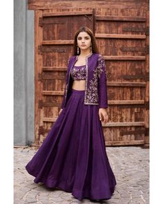 PRATYUSHA GARIMELLA - Purple motif short jacket with crop top and skirt Latest Lehenga Designs, Georgette Gown, Sari Design, Indian Outfits Lehenga, Lehenga Designs Simple, Long Dress Design, Choli Designs, Indian Dresses Traditional