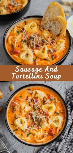 sausage and tortellini soup in two black bowls with slices of bread on the side