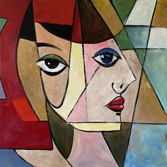 an abstract painting of a woman's face with blue eyes