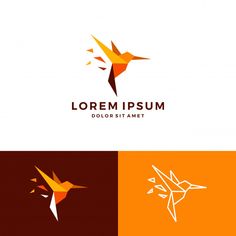 an abstract bird logo is shown in three different colors and sizes, including orange, yellow,