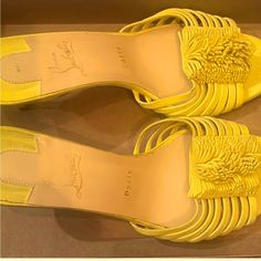 Christian Louboutin Mid-Heel Sandals, New Size 9 Designer Yellow Sandals With Heel Strap, Designer Yellow High Heel Sandals, Luxury Yellow Sandals For Evening, Designer Yellow Sandals With Open Heel, Designer Yellow Open Heel Sandals, Luxury Yellow Evening Sandals, Designer Yellow Evening Sandals, Designer Yellow Sandals For Formal Occasions, Designer Formal Yellow Sandals