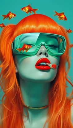 a woman with red hair and goggles on her face is surrounded by goldfish