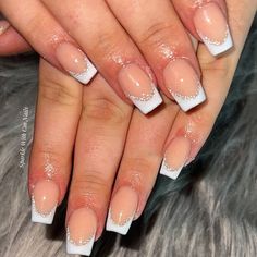 Glitter Frenchies Nails, Glitter Frenchies, French Manicure With Glitter, Frenchies Nails, Manicure With Glitter, Acrylic Nails White, Silver Acrylic Nails, Glitter French Nails, Hoco Nails