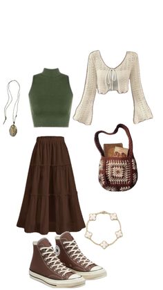 Cold Weather Earthy Outfits, Brown Tiered Skirt Outfit, How To Style A Brown Skirt, Casual Cottagecore Outfits, Tiered Skirt Outfit, Brown Skirt Outfit, Cute Shoes Boots, Casual Cottagecore, Boho Outfit