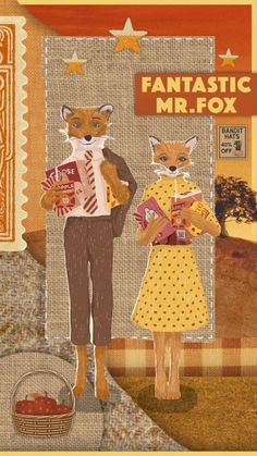 an image of a man and woman with foxes on their backs, holding food in front of them