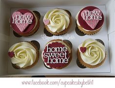 six cupcakes in a box with the words home sweet home written on them