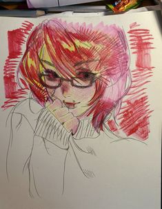 a drawing of a girl with glasses on her face and hand near her chin, looking to the side