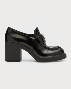 Prada Chocolate Flow Heeled Loafers | Neiman Marcus Womens Heeled Loafers, High Heel Loafers, Logo Triangle, Patent Leather Loafers, Platform Loafers, Leather High Heels, Patent Leather Pumps, Footwear Design Women, Slingback Pump