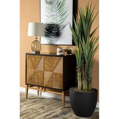 a potted plant sitting on top of a wooden cabinet next to a lamp and painting