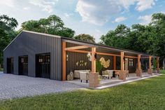 an artist's rendering of a house in the middle of a park with picnic tables and chairs