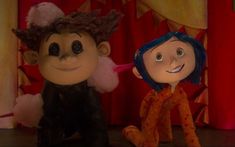 two cartoon characters sitting next to each other in front of a red curtain with pink pom poms