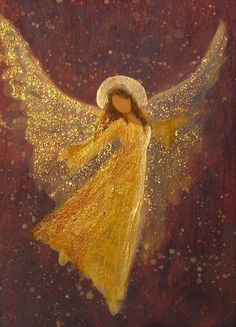 an angel painting with gold glitters on it's wings