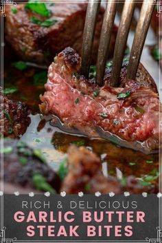 the steak is being cooked with tongs in it's mouth and on top of some other meat