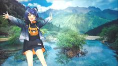 an anime character is standing in front of a mountain stream and holding her arms out