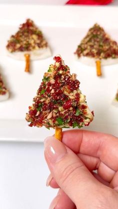 someone is holding a tiny christmas tree made out of crackers on a white plate