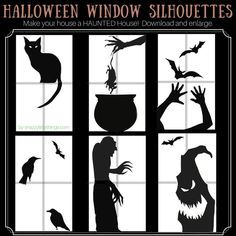 halloween window silhouettes are shown in black and white