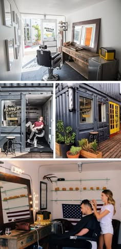 the inside of a shipping container is shown with pictures of people and furniture in it