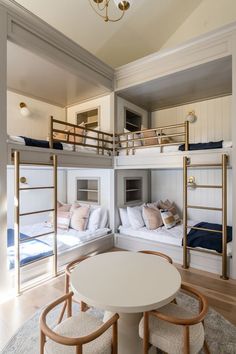 bunk beds are arranged in the middle of a room with white walls and wood flooring