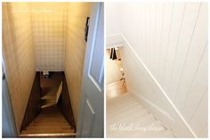 two pictures of stairs leading up and down to the second floor in a small house