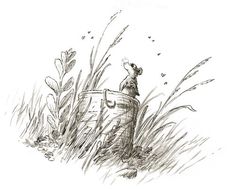 a black and white drawing of a mouse sitting on top of a barrel in the grass