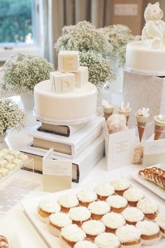 a table topped with lots of cakes and cupcakes