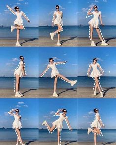 multiple pictures of a woman in white clothing doing different poses with her legs spread out