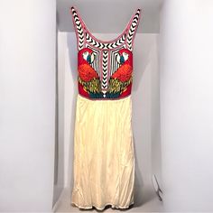 Just Wow!!! New With Tags, Rare Mara Hoffman Dress With Embroidered Parrots And Aztec Designs. Size Large. Incredibly Soft Cotton. Unique & Rare Dress. Double Lined, Incredibly Soft And Bodice Is Slightly Structured Due To Embroidery. Pp: 18in, Sh: 38in Ask Me Any Questions Fitted Embroidered Long Summer Dress, Fitted Long Embroidered Summer Dress, Fitted Embroidered Long Dress For Summer, White Silk Midi Dress For Beach, Multicolor Sleeveless Embroidered Dress For Summer, Bohemian Multicolor Sleeveless Embroidered Dress, Summer Multicolor Embroidered Maxi Dress, Embroidered Multicolor Summer Midi Dress, Sleeveless Multicolor Embroidered Maxi Dress For Summer