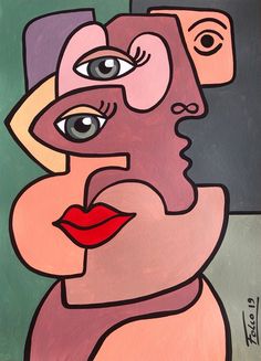 a painting of a woman's face with red lips