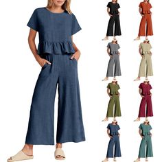 2 Piece Outfits For Women 2023 Summer Short Sleeve Crop Tops Wide Leg Pants Set Features: STYLISH DESIGN: Two Piece Outfits For Women/V Neck Crop Tops For Women/Wide Leg Pants For Women/Casual Suit Set For Women/Palazzo Pants Set For Women/Short Sleeve Outfits For Women/Matching Set For Women/Vacation Outfits For Women/Summer Clothing Set For Women 2023/Holiday Outfits For Women/2Pc Sets For Women EYE-CATCHING FEATURES: This 2 Piece Matching Sets Consist Of A Crop Top And Long Pants. The Crop Top Features In Short Half Sleeve And Wrap V Neck Design, Never Go Out Of Fashion. The Bottom Of The Blouse With Elastic Waistband, Adds A Bit Of Cute And Playful. This Palazzo Pants Features In Wide Leg, Drawstring And High Waist, Can Be Worn Alone As Home Or Outdoor, Super Cozy To Wear. Women Summer Chique Outfit, Legging Jeans, Pleated Shorts, Casual Suit, Ankle Length Pants, Short En Jean, Casual Sets, Retro Stil, Outfit Set