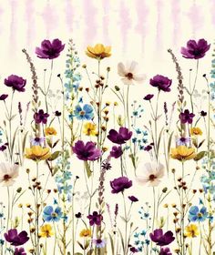 a field full of purple and yellow flowers next to a white wall with vertical stripes in the background