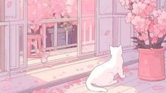 a white cat sitting in front of a window next to a potted plant with pink flowers