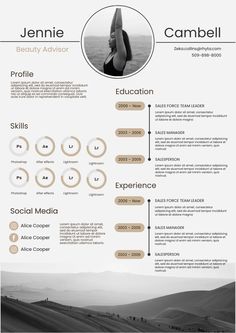 a professional resume template with an image on the front and back side, in black and white