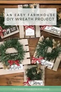 christmas wreaths made out of wooden crates with the words an easy farmhouse diy wreath project