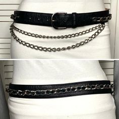 Elevate Your Ensemble With This Luxurious Max Mara 'Jerener' Belt, Crafted In Italy. The Belt Features A Unique Ostrich-Embossed Leather Design In Classic Black, Complemented By Striking Draped Chain Detail That Adds An Edge To Any Outfit. The Silver-Tone Hardware Showcases The Maxmara Branding, Providing A Touch Of Designer Appeal. Ladies Size Medium. Measures 28.5" From Prong To The Smallest Hole, 31 3/4" From The Prong To The Largest Hole. Width Measures 1.5". Like New, No Visible Signs Of We Luxury Silver Chain Belt For Formal Wear, Luxury Silver Chain Belt For Formal Occasions, Black Metal Chain Belt With Silver Chain, Silver Chain Belt For Evening, Silver Chain Belt For Night Out, Silver Chain Belt, Aesthetic Jewellery, Chain Belt, Leather Design