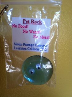 a plastic bag with a sign attached to it that says pet rock no food wait, not mess