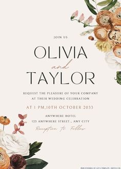 an elegant floral wedding card with the words,'julia and taylor'on it