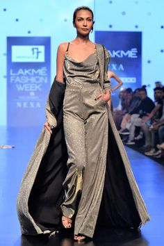 Shop for Nikhil Thampi Silver Draped Top And Pant Set for Women Online at Aza Fashions Nikhil Thampi, Plain Jacket, Silver Pants, Shimmer Fabric, Embellished Skirt, Draped Top, Lakme Fashion Week, Top And Pants Set, Indian Fashion Designers