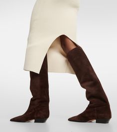 Suede Knee High Boots in Brown - Khaite | Mytheresa Khaite Dallas Boot Outfit, Brown Calf Leather Knee-high Boots With Square Toe, Brown Square Toe Calf Leather Knee-high Boots, Brown Square Toe Knee-high Calf Leather Boots, Fitted Brown Suede Knee-high Boots, Fall Calf Leather Knee-high Boots, Fall Knee-high Calf Leather Boots, Fall Knee-length Calf Leather Boots, Fitted Brown Calf Leather Knee-high Boots