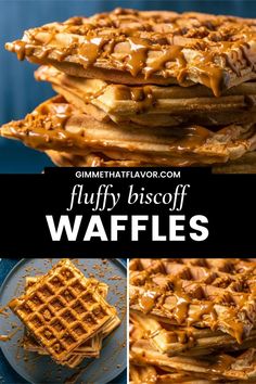 waffles with caramel syrup on top and the words fluffy biscuit waffles above them