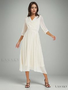 Lasaky - Enchanting Bubble-Sleeved Dress with a Fairy Tale Flair Elegant Flowy Maxi Dress With 3/4 Sleeves, Spring Chiffon Dress With 3/4 Sleeves, Elegant Flowy Dress With 3/4 Sleeves, Fairy Dresses For Women, Long Sleeve Chiffon Dress, Casual Dating, Wedding Dress Chiffon, Elegant Feminine, Bubble Skirt