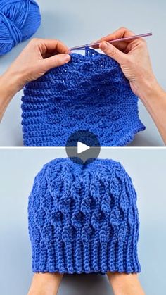 two photos showing how to crochet the top and bottom of a blue hat